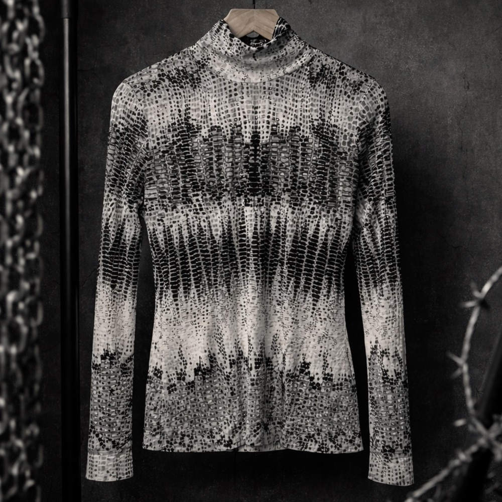 WHBM Black and White Snake Skin Patterned Sheer Turtleneck Top (063)